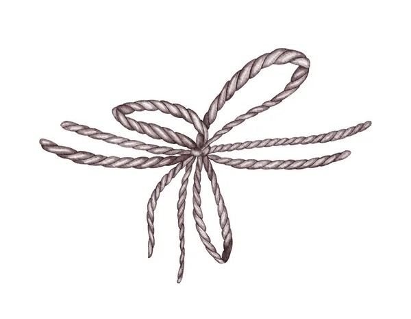 Corda disegnata a mano con nodo. Fiocco in fibra isolata su sfondo bianco. Illustrazione ad acquerello. — Foto Stock
