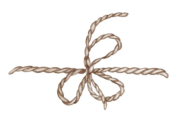 Cuerda dibujada a mano con nudo. Arco de fibra aislado sobre fondo blanco. Ilustración en acuarela. — Foto de Stock