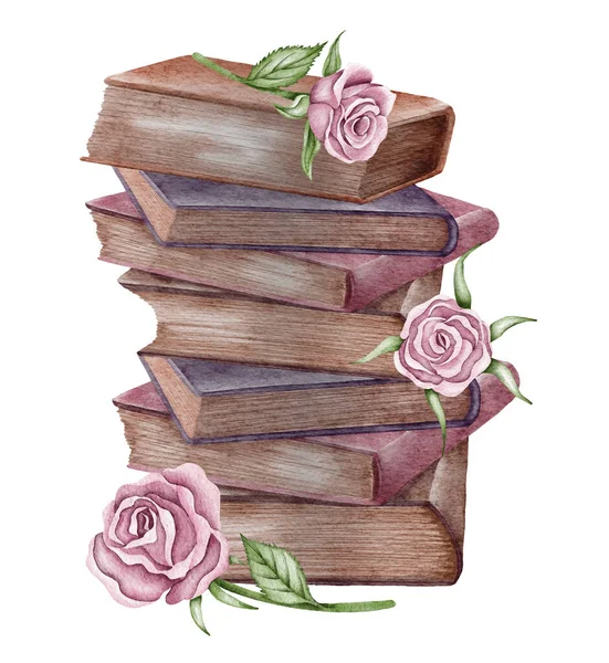 Akvarel vinobraní kompozice se starým stohem uzavřených knih v různých barvách s luční sušené květiny izolované na bílém. Ručně kreslená ilustrace — Stock fotografie