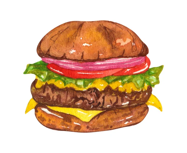 Watercolor Traditional Hamburger Hand Drawn Beef Burger Onion Cheese Illustration — kuvapankkivalokuva