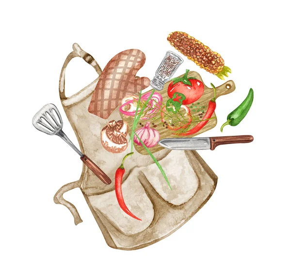 Ręcznie Rysowany Zestaw Akwareli Różnych Przedmiotów Piknik Letnie Jedzenie Grillowanie — Zdjęcie stockowe