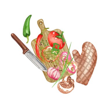 El çizimi suluboya set çeşitli nesneler piknik için, yaz dışarıda yemek ve barbekü - et ve soslar beyaz arka planda.