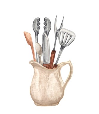 Watercolor kitchen utensils in a clay jag. Hand drawn Cooking clipart. Baking concept. Barbecue