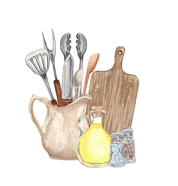 Watercolor Kitchen Utensils Clay Jag Hand Drawn Cooking Clipart Baking —  Fotos de Stock