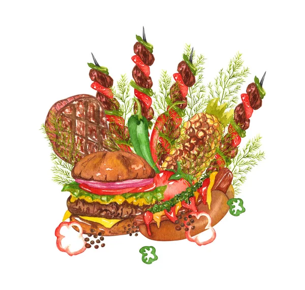 Bbq Food Watercolor Set Various Objects Picnic Summer Eating Out — Fotografia de Stock