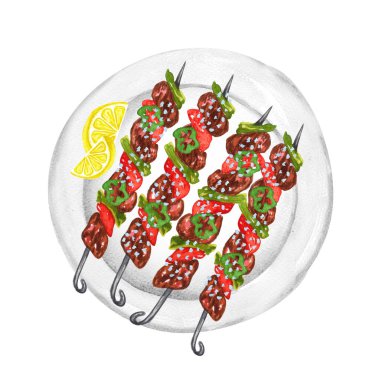 BBQ food. watercolor set of various objects for picnic, summer eating out and barbecue, meat and sauces on white background.