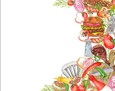 Piknik için çeşitli nesnelerin el yapımı suluboya çerçevesi, dışarıda yemek ve barbekü - beyaz arka planda et, sebze ve soslar.