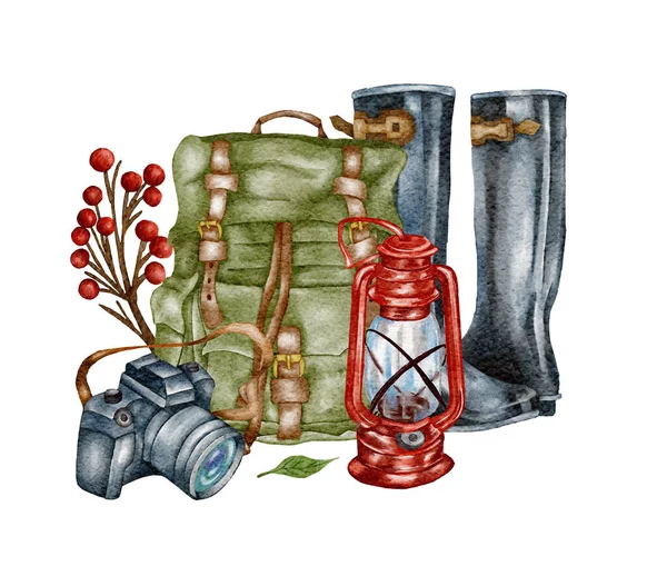 Akvarel Camping clipart. Ručně kreslené ilustrace divokého kempování. Les, turistický design — Stock fotografie