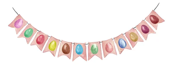 Watercolor Set Pink Cards Rope Colored Eggs Easter Eggs Buntings — Stock Photo, Image