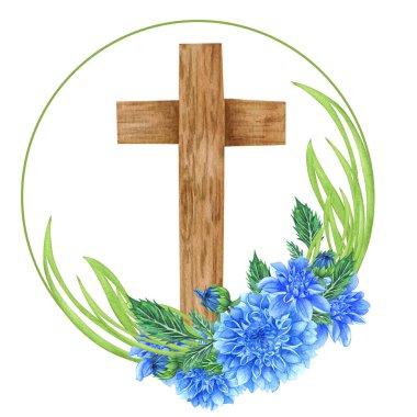 Mavi Dahlia çiçek haçı. Paskalya illüstrasyonu. Suluboya Düğün Haçı