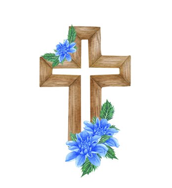 Mavi Dahlia çiçek haçı. Paskalya illüstrasyonu. Suluboya Düğün Haçı
