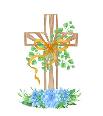 Mavi Dahlia çiçek haçı. Paskalya illüstrasyonu. Suluboya Düğün Haçı