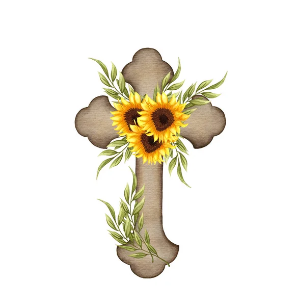 Sonnenblumenkreuz Osterillustration Aquarell Hochzeitskreuz Taufe — Stockfoto