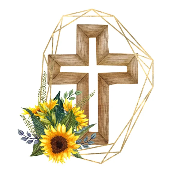 Croce Floreale Girasole Illustrazione Pasquale Croce Nozze Acquerello Battesimo — Foto Stock