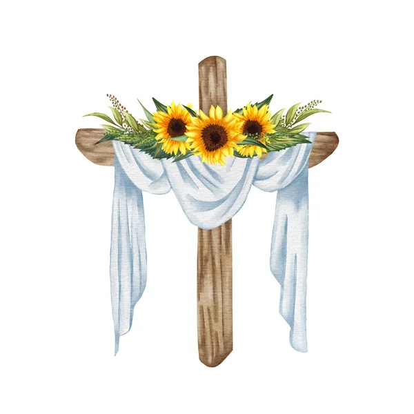 Sunflower floral cross. Easter illustration. Watercolor Wedding Cross. Baptism