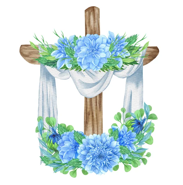 Blue Dahlia floral cross. Easter illustration. Watercolor Wedding Cross. Baptism