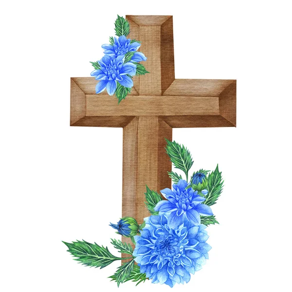 Blue Dahlia floral cross. Easter illustration. Watercolor Wedding Cross. Baptism