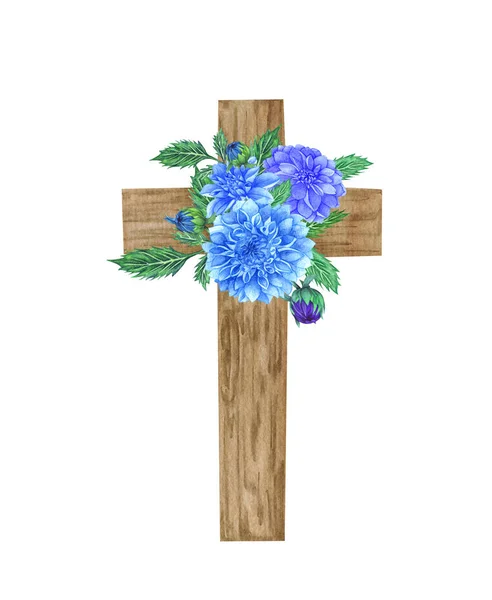 Cruz Floral Azul Dahlia Ilustración Pascua Cruz Boda Acuarela Bautismo — Foto de Stock