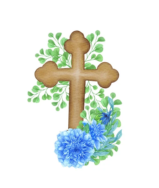 Croce Floreale Blu Dahlia Illustrazione Pasquale Croce Nozze Acquerello Battesimo — Foto Stock