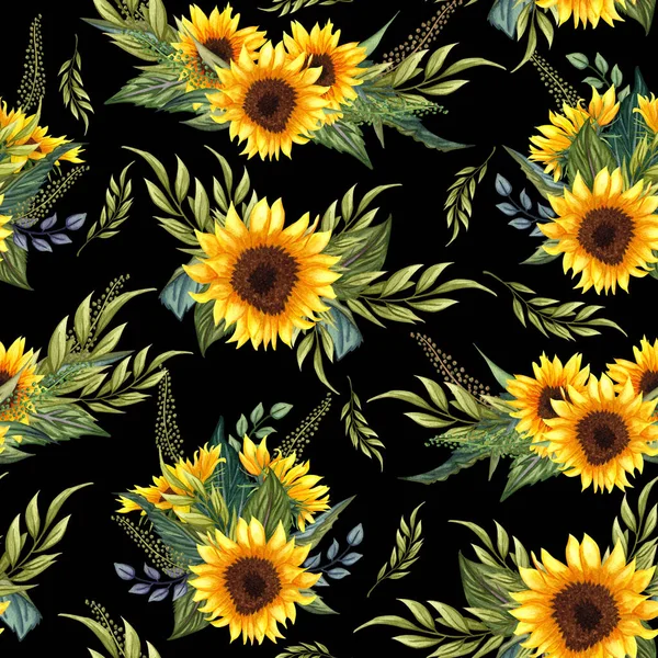 Seamless pattern with sunflowers on black background. Collection decorative floral design elements. Flowers, buds, and leaves hand drawn with watercolor.