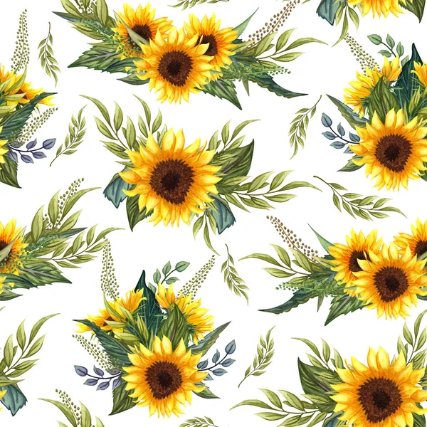 Modello senza cuciture con girasoli su sfondo bianco. Collezione decorativi elementi di design floreale. Fiori, boccioli e foglie disegnati a mano con acquerello. — Foto Stock