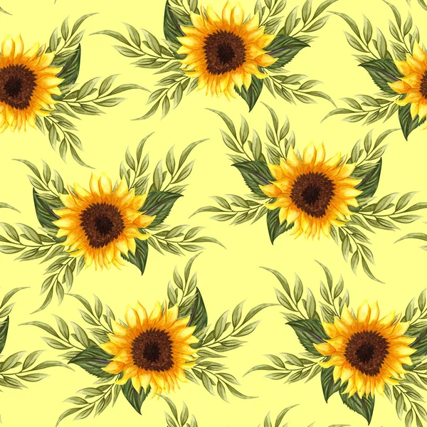Sömlöst mönster med solrosor på gul bakgrund. Kollektion dekorativa blommor designelement. Blommor, knoppar och blad hand dras med akvarell. — Stockfoto