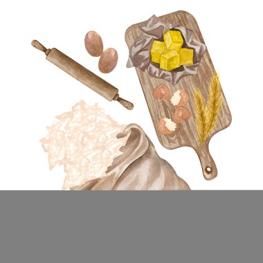 Mutfak aletleriyle suluboya resimleme, alışveriş tahtası, tereyağı, merdane, un, yumurta ve önlük beyaz arka planda. Elle çizilmiş yemek pişirme klibi sanatı. Pişirme kavramı.