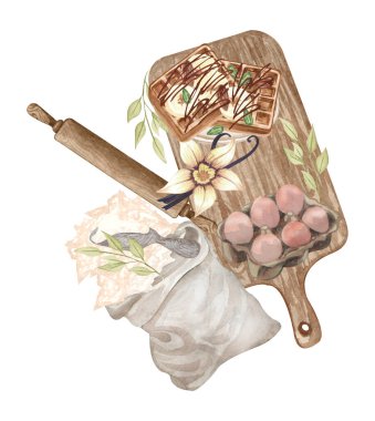 Mutfak gereçleri, mikser, un, çikolata, çukur tutacağı, kaşık, yumurta, kil jaguar, beyaz arka planda çırpma. Yemek pişirme klibi. Pişirme