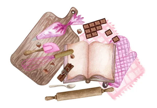 Pečení Akvarel Set Kuchyňským Nádobím Mixér Mouka Čokoláda Nosítka Lžíce — Stock fotografie