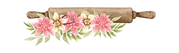 Sütés Akvarell Illusztráció Sodrófa Rózsaszín Virágokkal Kézzel Rajzolt Főzés Sütőlogó — Stock Fotó