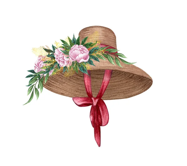 Vintage watercolor hat with flowers and a ribbon.