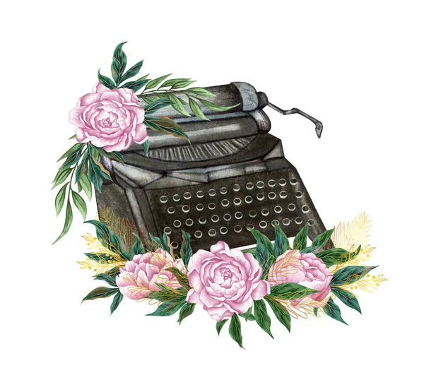 Vintage typewriter with peony flowers and leaves on a white background. Watercolor illustration.