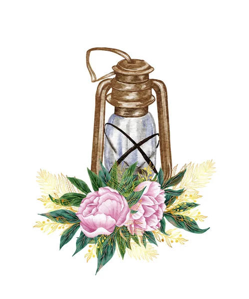 Vintage Anterns Gyönyörű Bazsarózsa Virág Elemek Elszigetelt Akvarell Illusztráció — Stock Fotó