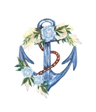 Suluboya el, denizcilik, çiçek desenli çapa, ip ve çiçek buket düzeniyle çizilmiş..