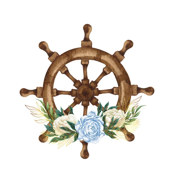 Watercolor hand drawn nautical, marine, floral illustration with wooden steering-wheel., rope and flower bouquet arrangement.
