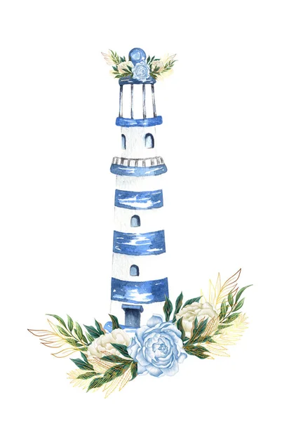 Vízfestékkel Kézzel Rajzolt Tengeri Tengeri Virágos Illusztráció Világítótoronnyal Virágcsokorelrendezéssel — Stock Fotó