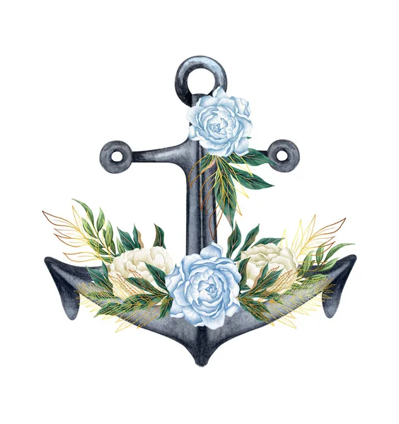 Suluboya el, denizcilik, çiçek desenli çapa, ip ve çiçek buket düzeniyle çizilmiş..