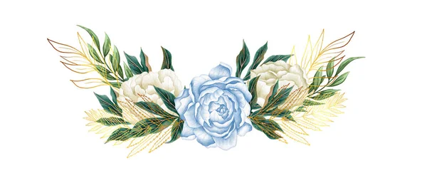 Vízfestékkel Kézzel Rajzolt Tengeri Tengeri Virágos Illusztráció Kék Whire Virág — Stock Fotó