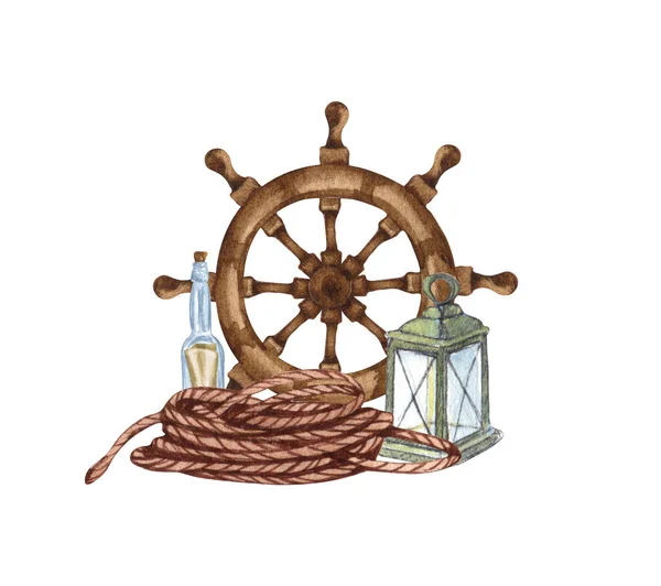 Watercolor hand drawn nautical, marine illustration with lighthouse, lifebuoy, anchor, steering wheel, boat and compass.