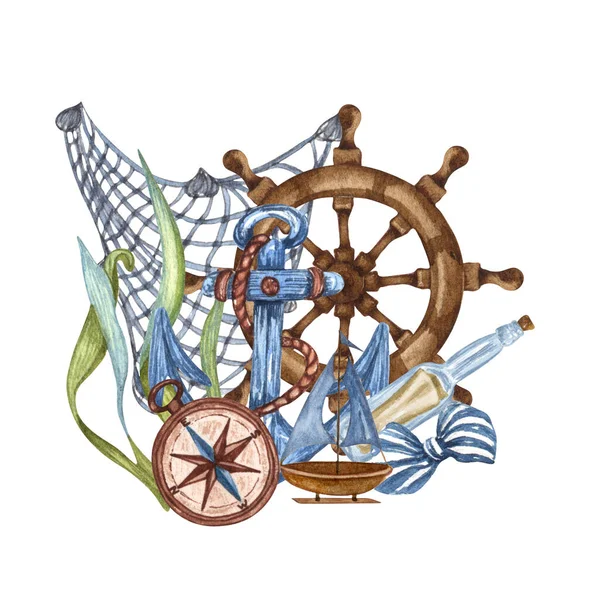 Suluboya el, deniz feneri, can simidi, çapa, direksiyon, tekne ve pusula ile denizcilik çizimi.