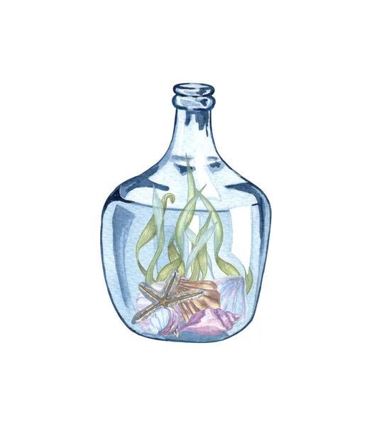 Vízfestékkel kézzel rajzolt tengeri illusztráció tengeri üveggel, hajóval és korallokkal, hüvelyekkel. Tengerészeti összetétel palackban — Stock Fotó