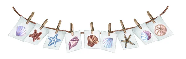 Watercolor set with nautical carg on a rope, paper sheets. buntings of old seasells design. —  Fotos de Stock