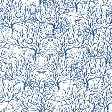 Seamless hand drawn pattern with coral reef and starfishes. Watercolor nautical illustration under the sea.