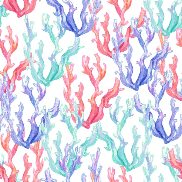 Seamless hand drawn pattern with coral reef and starfishes. Watercolor nautical illustration under the sea — Foto de Stock