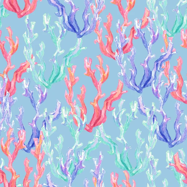 Seamless hand drawn pattern with coral reef and starfishes. Watercolor nautical illustration under the sea — Foto de Stock