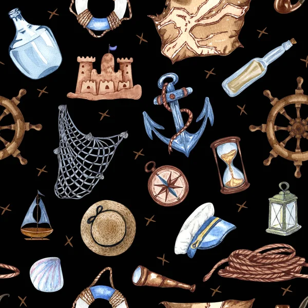 Seamless pattern with gold anchor, coins and chains for fabric design. Watercolor Nautical background — Fotografia de Stock