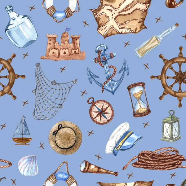 Seamless pattern with gold anchor, coins and chains for fabric design. Watercolor Nautical background — Fotografia de Stock
