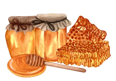 Watercolor fresh honey set with honeycombs, honey dipper, glass jar with honey. Hand drawn organic natural illustration.