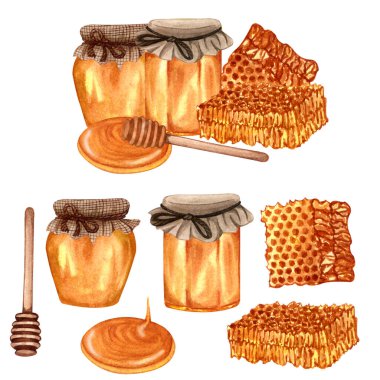 Watercolor fresh honey set with honeycombs, honey dipper, glass jar with honey. Hand drawn organic natural illustration.