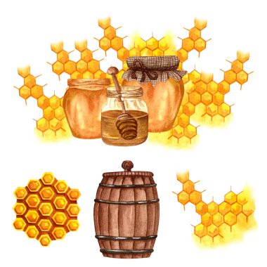 Watercolor fresh honey set with honeycombs, honey dipper, glass jar with honey. Hand drawn organic natural illustration.